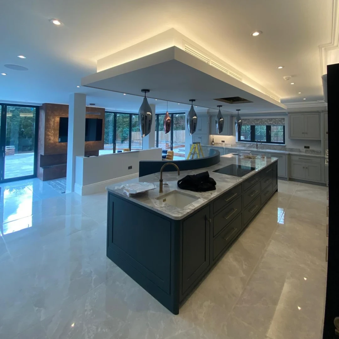 Spacious contemporary home interior with an open-plan kitchen and garden views